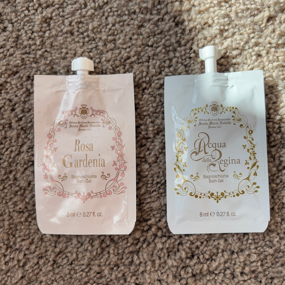 Santa Maria Novella bath oil samples in Rosa Gardenia and Acqua Della Regina